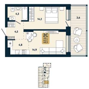 2-к квартира, вторичка, 46м2, 2/25 этаж