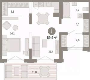 1-к квартира, вторичка, 70м2, 1/9 этаж