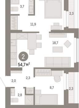 2-к квартира, вторичка, 55м2, 2/12 этаж