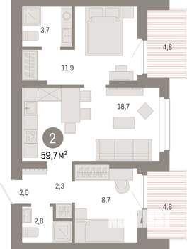 2-к квартира, вторичка, 60м2, 11/12 этаж