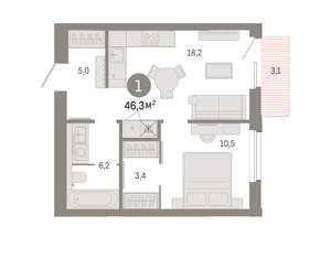 1-к квартира, вторичка, 46м2, 4/24 этаж