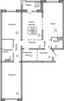 3-к квартира, строящийся дом, 90м2, 7/17 этаж