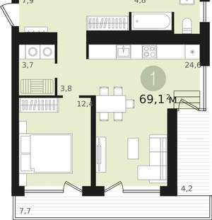 1-к квартира, сданный дом, 57м2, 7/18 этаж