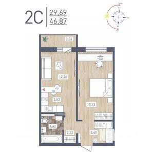 2-к квартира, строящийся дом, 47м2, 6/17 этаж