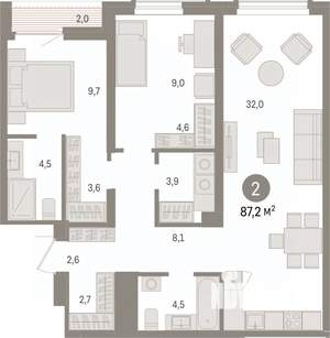 2-к квартира, вторичка, 87м2, 6/15 этаж
