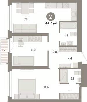 2-к квартира, вторичка, 67м2, 21/23 этаж