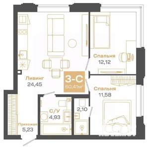 3-к квартира, строящийся дом, 60м2, 14/24 этаж