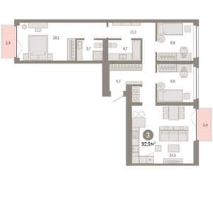 3-к квартира, вторичка, 93м2, 2/23 этаж