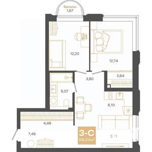 3-к квартира, строящийся дом, 68м2, 5/24 этаж