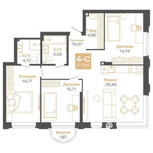 4-к квартира, строящийся дом, 92м2, 16/24 этаж
