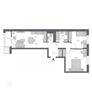 3-к квартира, строящийся дом, 74м2, 13/24 этаж