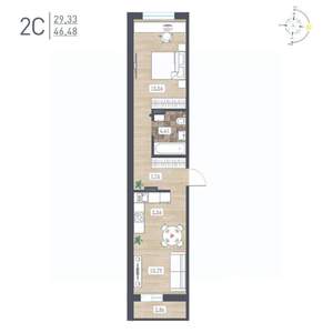 2-к квартира, строящийся дом, 46м2, 4/17 этаж