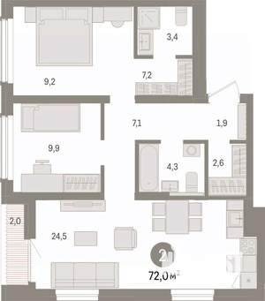 2-к квартира, вторичка, 72м2, 13/15 этаж