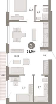 2-к квартира, вторичка, 68м2, 9/12 этаж