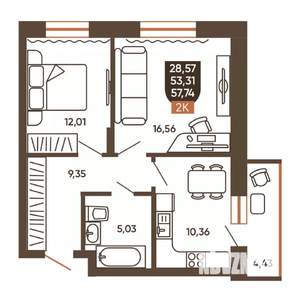 2-к квартира, вторичка, 58м2, 17/19 этаж