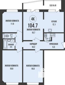 3-к квартира, строящийся дом, 105м2, 9/13 этаж