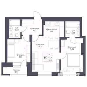 3-к квартира, вторичка, 56м2, 13/24 этаж
