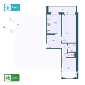 2-к квартира, строящийся дом, 62м2, 1/17 этаж