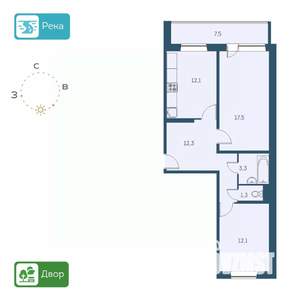 2-к квартира, вторичка, 59м2, 1/17 этаж