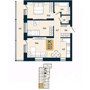 3-к квартира, вторичка, 70м2, 2/25 этаж