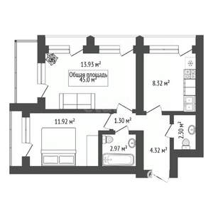 2-к квартира, вторичка, 45м2, 2/22 этаж