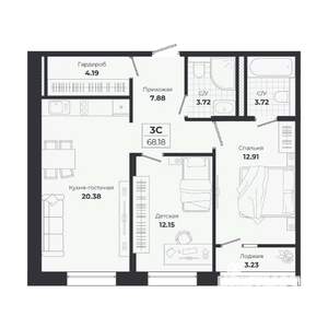 3-к квартира, строящийся дом, 65м2, 5/9 этаж