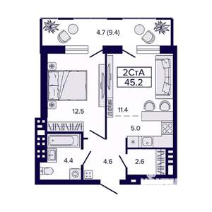 2-к квартира, вторичка, 45м2, 23/23 этаж