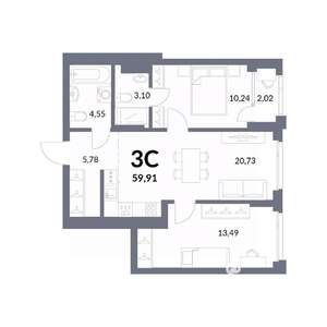 3-к квартира, вторичка, 59м2, 23/30 этаж