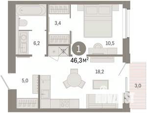 1-к квартира, вторичка, 46м2, 4/14 этаж
