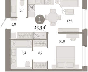 1-к квартира, вторичка, 43м2, 6/24 этаж