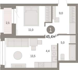 1-к квартира, вторичка, 45м2, 25/30 этаж
