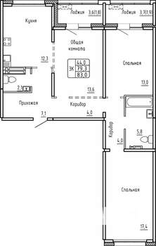 3-к квартира, строящийся дом, 83м2, 13/14 этаж