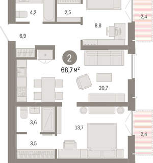 2-к квартира, вторичка, 69м2, 3/23 этаж