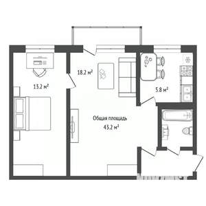 2-к квартира, вторичка, 43м2, 1/5 этаж