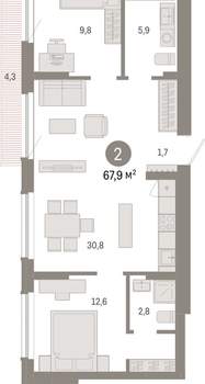2-к квартира, вторичка, 68м2, 9/12 этаж