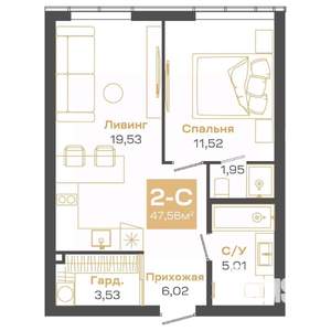 2-к квартира, строящийся дом, 48м2, 24/24 этаж
