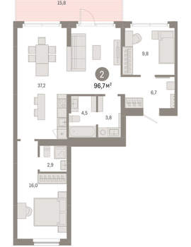 2-к квартира, вторичка, 97м2, 2/12 этаж