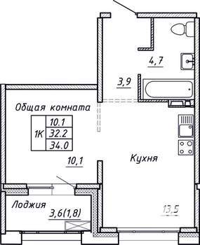 1-к квартира, строящийся дом, 34м2, 1/15 этаж