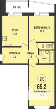 2-к квартира, строящийся дом, 65м2, 1/13 этаж