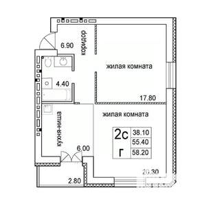 2-к квартира, строящийся дом, 58м2, 8/8 этаж