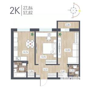 2-к квартира, строящийся дом, 58м2, 4/17 этаж