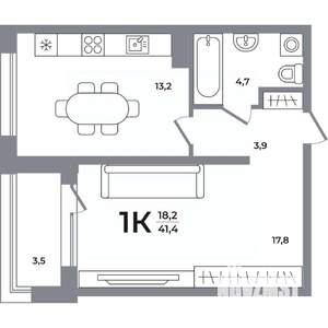 1-к квартира, вторичка, 41м2, 12/12 этаж