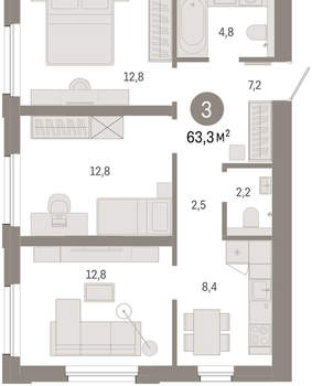 3-к квартира, вторичка, 63м2, 7/24 этаж