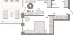 1-к квартира, вторичка, 63м2, 3/17 этаж