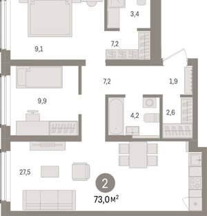 2-к квартира, вторичка, 73м2, 2/15 этаж