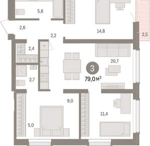 3-к квартира, вторичка, 79м2, 12/15 этаж
