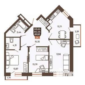 3-к квартира, вторичка, 90м2, 7/19 этаж