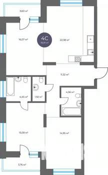 4-к квартира, вторичка, 94м2, 11/16 этаж