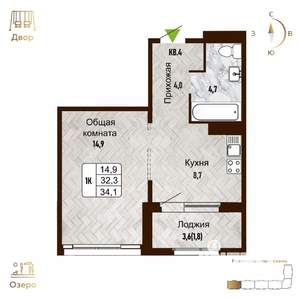 1-к квартира, вторичка, 34м2, 12/17 этаж