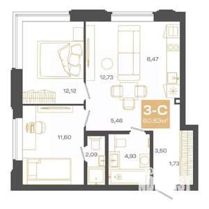 3-к квартира, строящийся дом, 61м2, 2/24 этаж